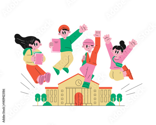 Excited Students Jumping in Front of the School Building