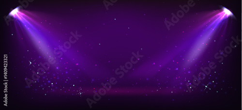 Purple stage with award ceremony spotlight background, festive sparkling stars, glowing projector rays and shimmering glitter particles on dark bg. Winners announcement or luxury event decoration.