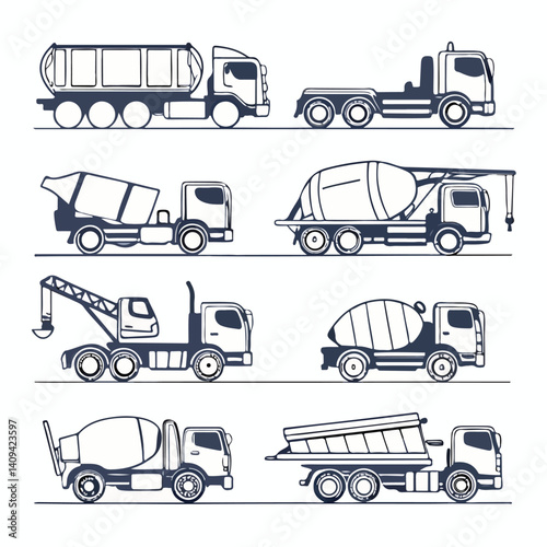 transportation icons set,Construction Trucks Collection – Hand-Drawn Line Art of Cement Mixers, Dump Trucks, and Heavy Vehicles


