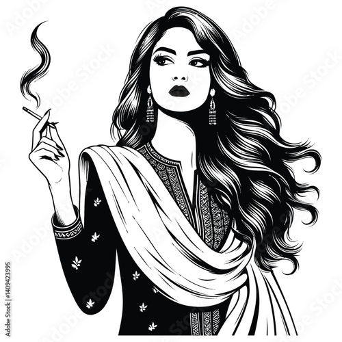Pakistan stylish woman vector black and white on white background (1)