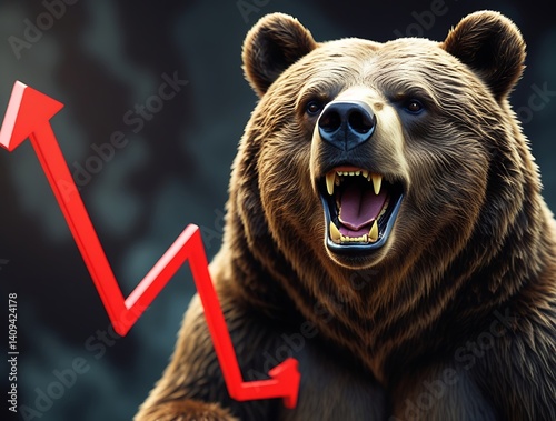 Fierce growling bear with a red upward stock market arrow in the background, symbolizing unexpected bullish momentum during a bear market rally or reversal trend

