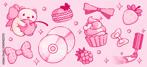 Coquette Y2K aesthetic sticker pack - dreamy pink cartoon adorable teddy bear, strawberry and raspberry, hair bow, cupcake and macaroon, sparkly nail polish for girly pastel kawaii decorations.