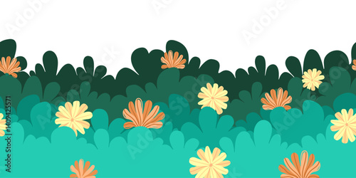 Decorative seamless border with spring bush and yellow orange flowers. Vector illustration with bright blossoms and leafy lush green. Whimsical wildflower scene for spring-themed textile prints