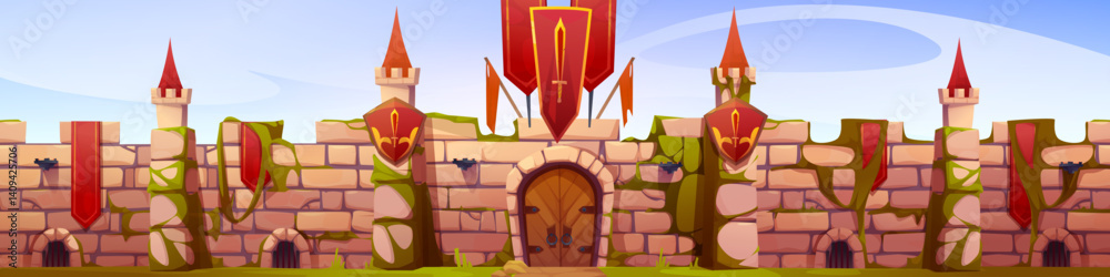 Fototapeta premium Castle medieval wall fortress made of stone blocks, fantasy kingdom fortification building exterior. Red spire on towers, closed wooden gate, heraldic flags decoration for rpg game background.