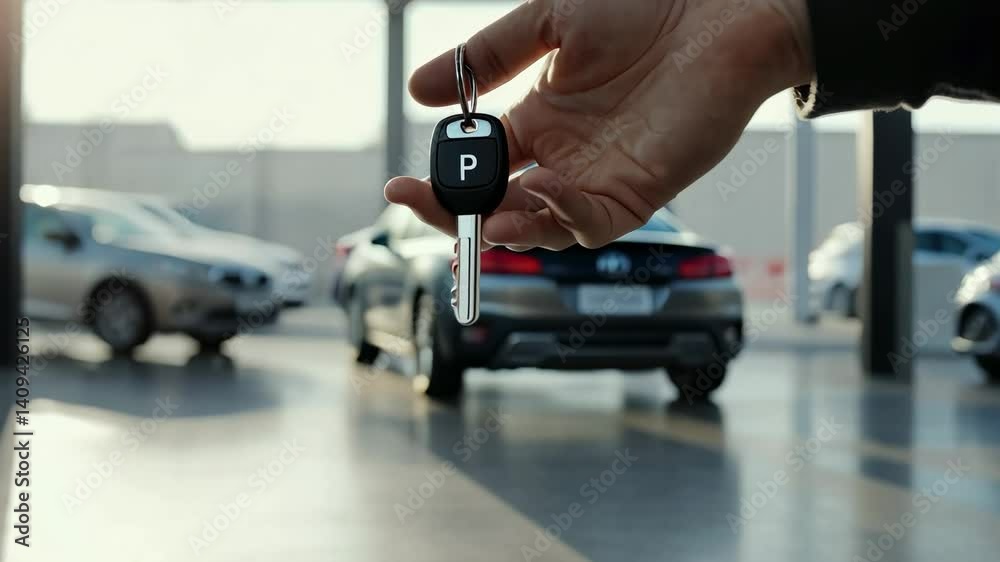Professional salesman holding gleaming new car key inside spacious dealership showroom, surrounded by pristine parked vehicles waiting for potential buyers