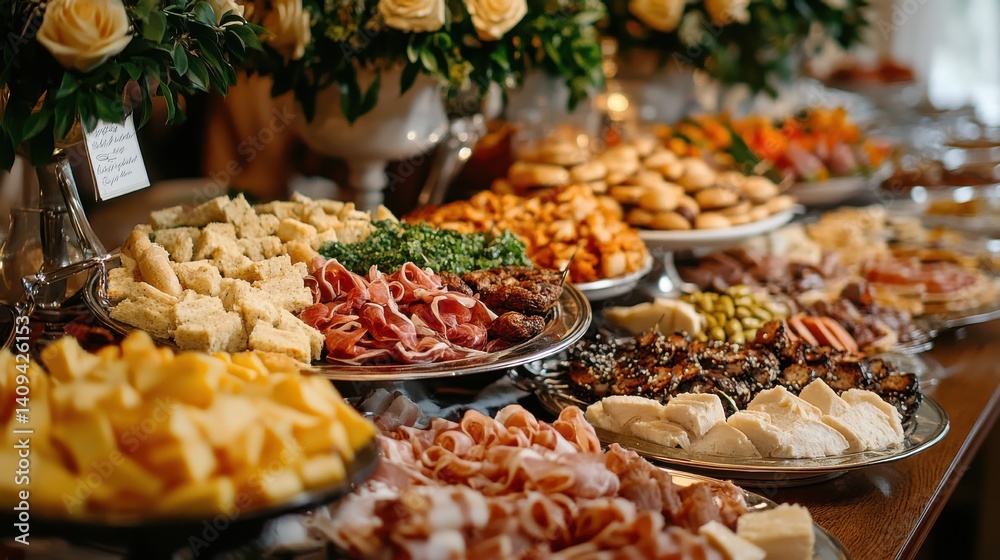 A vibrant display of gourmet treats at a lavish banquet in a beautifully decorated setting A vibrant display of gourmet treats at a lavish banquet in a beautifully decorated setting