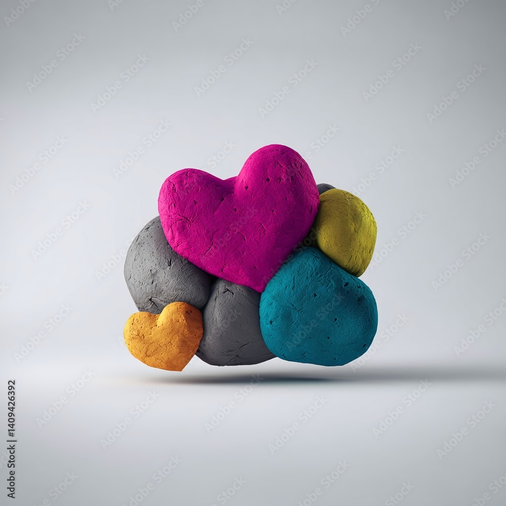 Obraz premium Colorful clay hearts stacked together on a smooth surface, showcasing creativity and playfulness