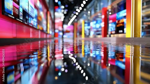 Wallpaper Mural Vibrant Electronic Store: A modern electronic store presents a kaleidoscopic display of digital screens and technology displays, capturing the vibrant, energetic atmosphere of the retail environment. Torontodigital.ca