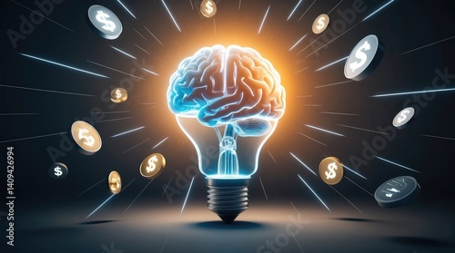 Glowing lightbulb with a stylized brain inside, radiating bright energy. Currency symbols float around, suggesting financial ideas and innovation in a dark space.