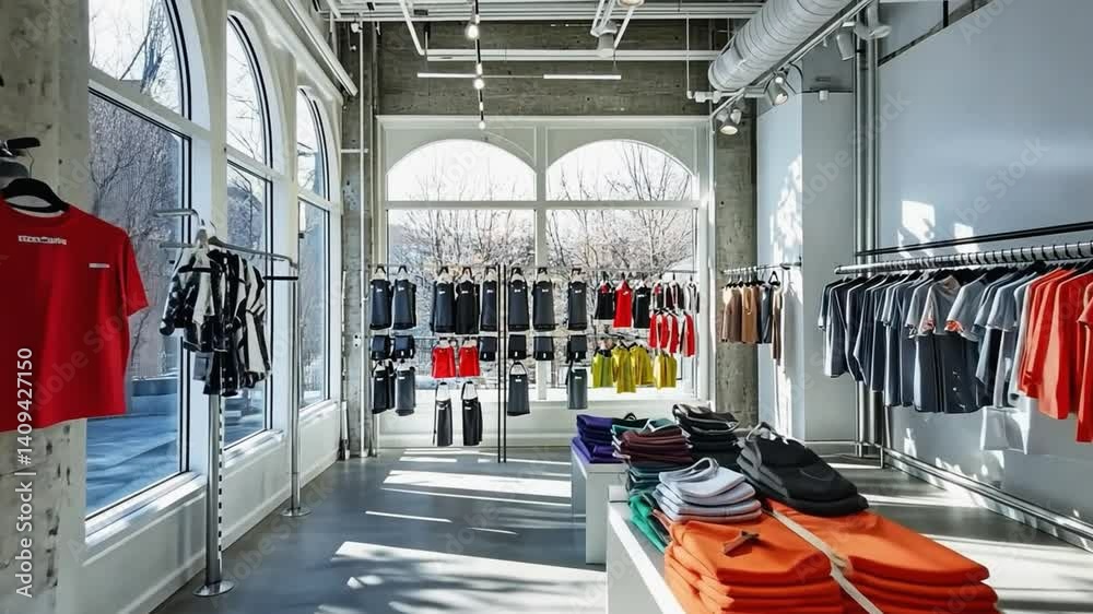 Clothing store interior displaying colorful t shirts and pants