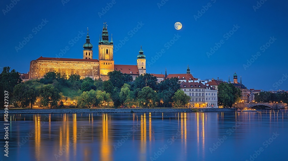 Obraz premium Historic castle reflecting in river under a full moon at dusk for travel or history