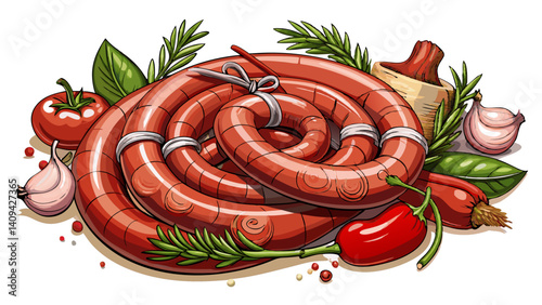 
Realistic uncooked homemade sausages, coiled and lightly marbled, arranged on a clean white background. Surrounded by fresh aromatic herbs like rosemary, thyme, and parsley, with vibrant red hot chil
