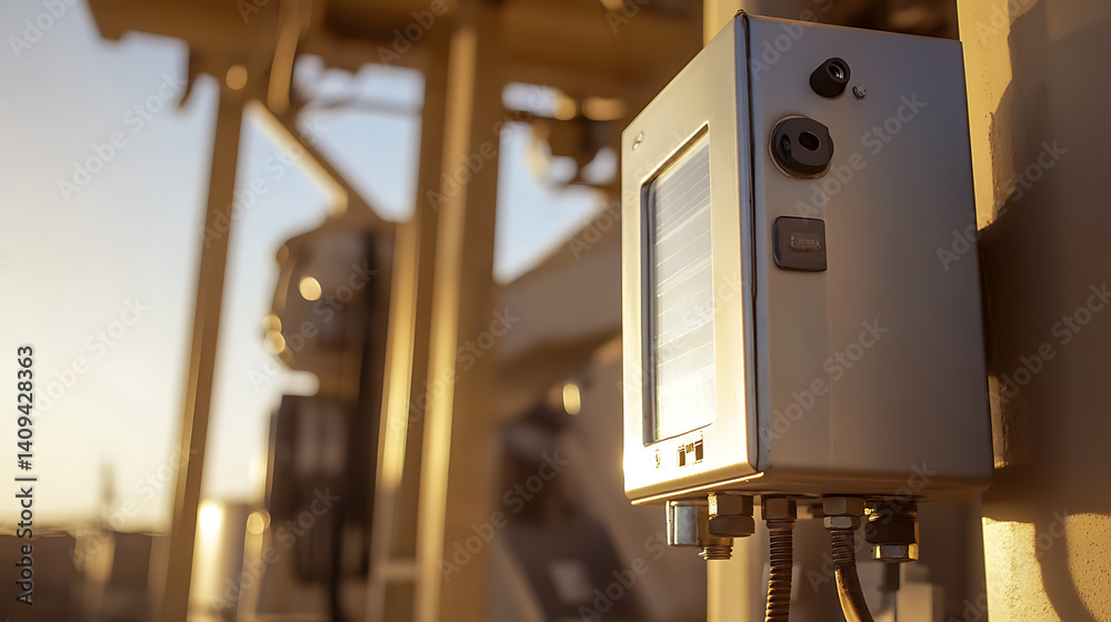 A close up of a solar panel mounted on the control room of a remote oil pump site. Featuring sustainable integration and hybrid systems