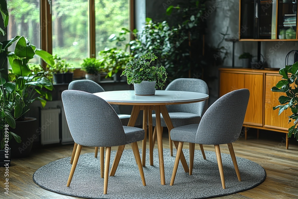 Modern dining room with a round white table, gray chairs with light wooden legs, and a bright interior featuring natural materials and plants as decor. Modern dining room with a round white table, gray chairs with light wooden legs, and a bright interior featuring natural materials and plants as decor.
