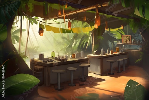 Tropical jungle bar with wooden counter and vibrant decor. photo