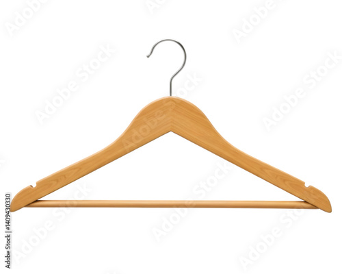 A realistic wooden clothes hanger displayed on a transparent background. Isolated with visible wood texture, ideal for fashion, retail, or wardrobe visuals. Clean, simple, and minimalistic design.