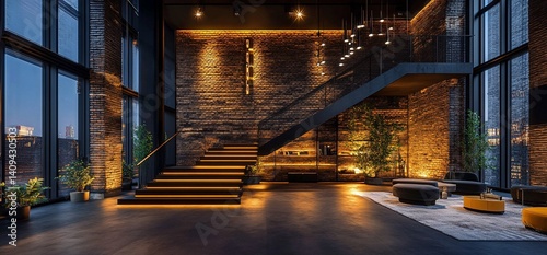 Industrial Loft Lobby with City View Stairs