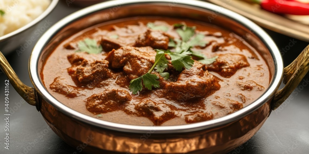 Beef Curry Simmers Gently in Copper Pot with Cilantro Garnish and Culinary Delights Beef Curry Simmers Gently in Copper Pot with Cilantro Garnish and Culinary Delights