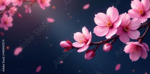 Pink cherry blossom branch, dark background, delicate petals, anime style, tranquil, serenity, japan
