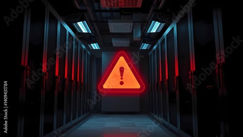 A server room with a glowing red warning sign indicating a critical system failure or security breach