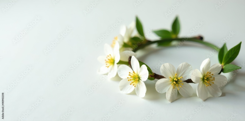 Snow-white spirea arguta flower crown resting on a clean white tabletop , closeup, delicate, arrangement Snow-white spirea arguta flower crown resting on a clean white tabletop , closeup, delicate, arrangement