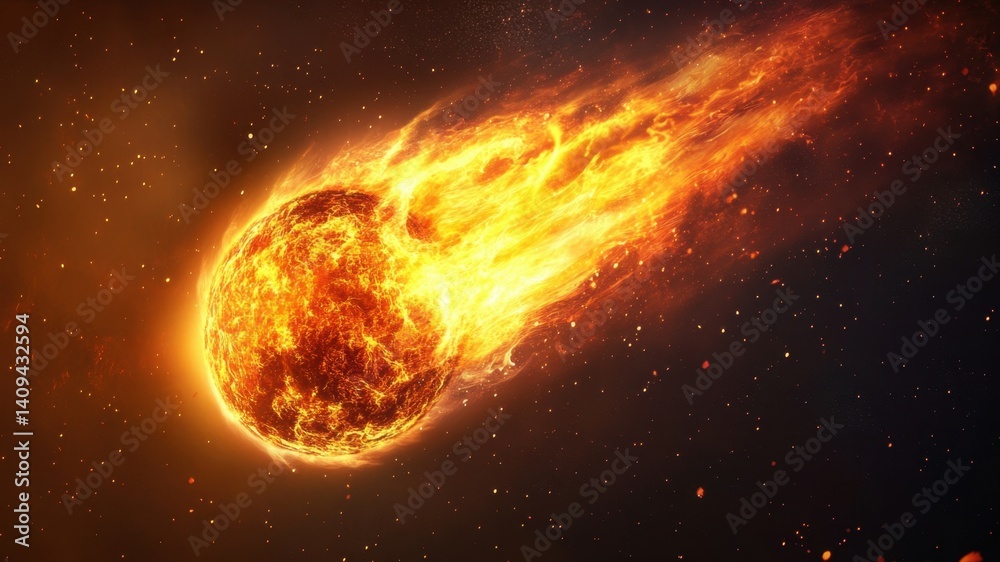 Obraz premium Fiery comet hurtles through space, a dramatic, glowing celestial event.