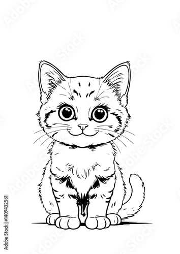 Cute Tabby Kitten Line Drawing – Black and White Cat Illustration for Coloring Pages and Children’s Books