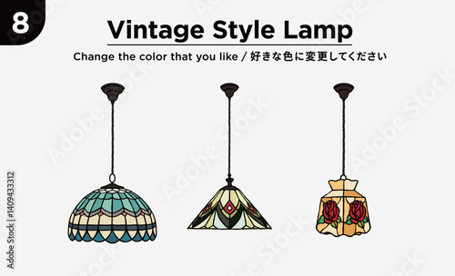 A charming set of three vintage style Tiffany lamps. Perfect for creative projects needing a touch of classic elegance and colorful stained glass beauty.