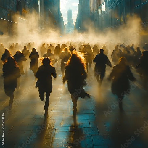 A city street filled with people running from a looming event.