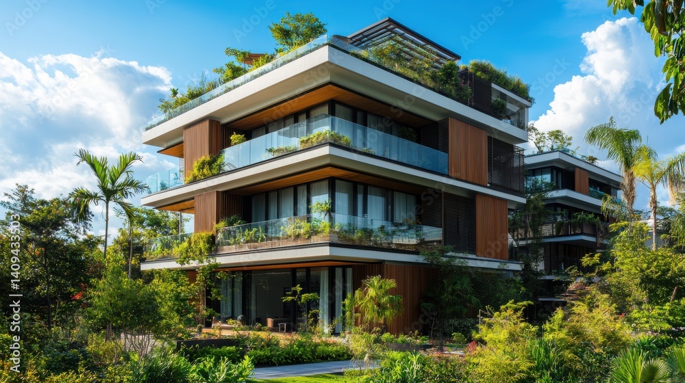 Obraz premium Modern architectural masterpiece surrounded by lush greenery in a vibrant urban oasis