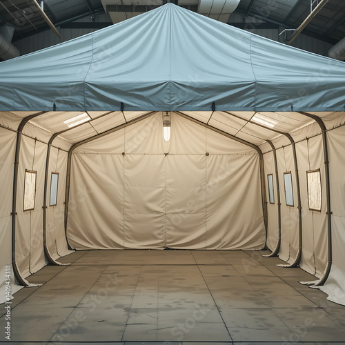 Spacious interior of a large white tent set up for an event in a spacious indoor location