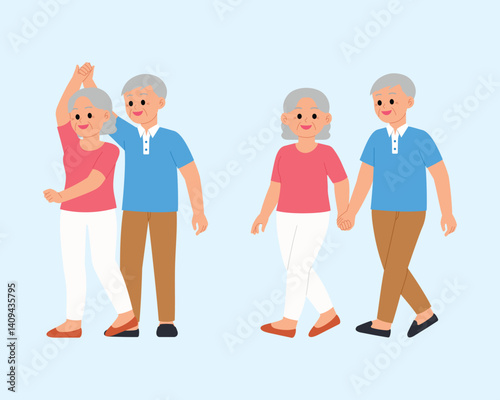 happy senior husband and wife dancing together,  an old married couple character holding hand and walking outdoor together illustration vector