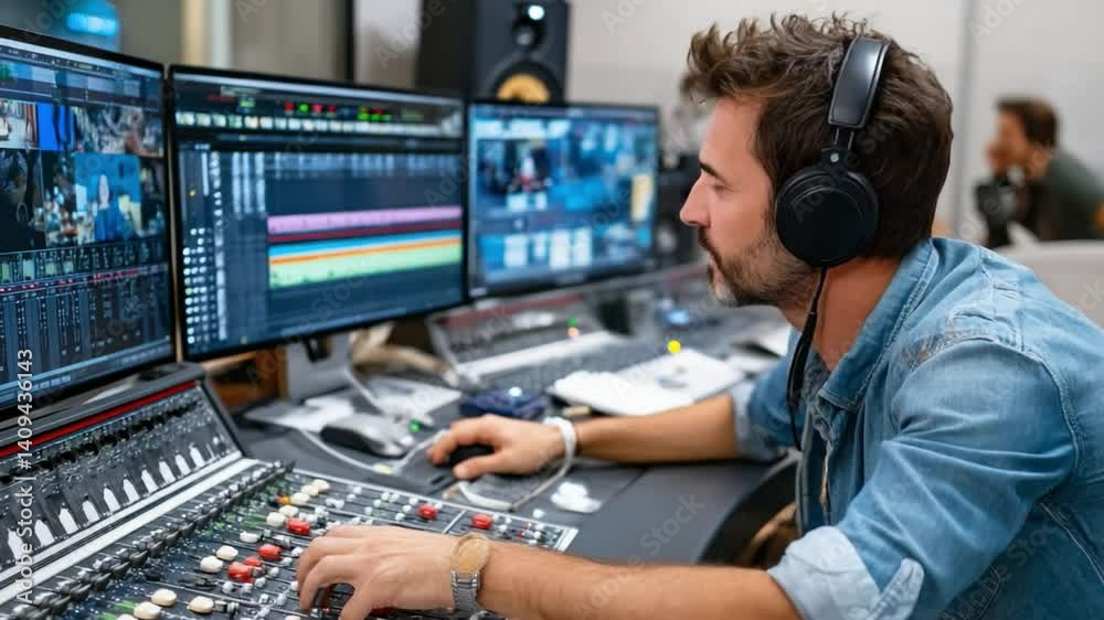 Audio Professional in Studio: A focused individual with headphones navigates the intricate world of audio production, showcasing precision and skill. Audio Professional in Studio: A focused individual with headphones navigates the intricate world of audio production, showcasing precision and skill.