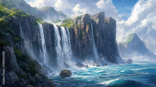 Majestic waterfall cascading down dramatic coastal cliffs into a vibrant ocean scene with lush green
