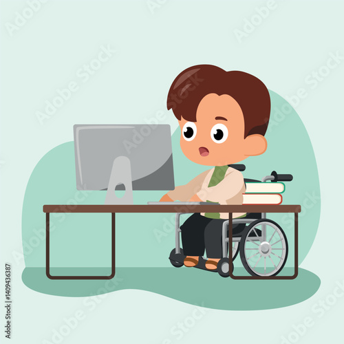 ChatGPT said:
Cartoon illustration of a boy in a wheelchair working on a computer at a desk. Promotes disability inclusion, accessibility, and education in a digital environment.