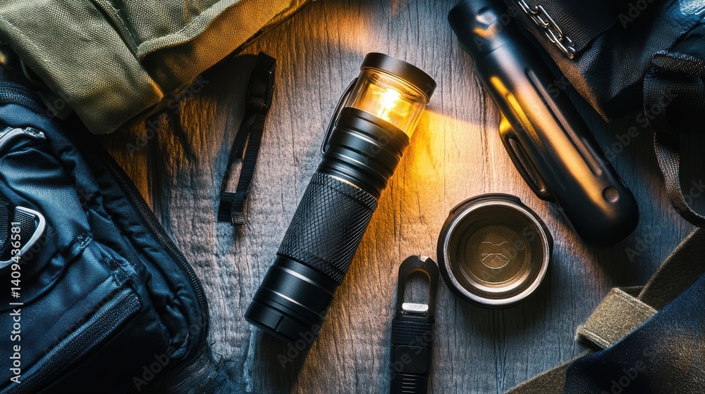 Flashlight (torchlight), black tactical design, placed on white background, outdoor gear Flashlight (torchlight), black tactical design, placed on white background, outdoor gear
