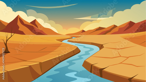 The drying riverbed once a source of life now a dry and cracked river of sand evidence of the droughts relentless grip.. Vector illustration