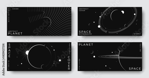 Set of abstract space astronomy horizontal backgrounds. Linear galaxy, universe, planet, solar system. Science future concept. Cosmic minimal design for cover, poster, ads, banner, flyer, brochure