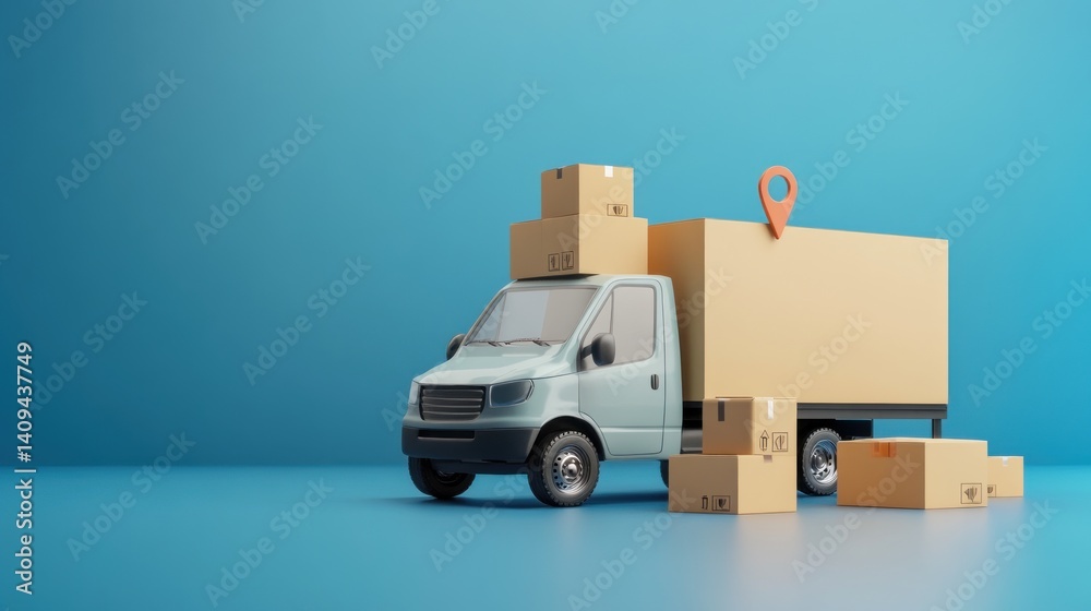 Delivery truck with cardboard boxes and location pin on blue background. (1) Delivery truck with cardboard boxes and location pin on blue background. (1)
