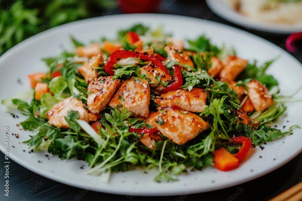 Enjoy Fresh Greens with Fish and Peppers With Health Concept. Enjoy Fresh Greens with Fish and Peppers With Health Concept.