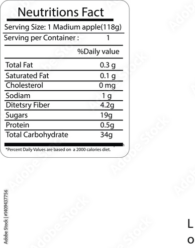 Nutrition Facts label template for food and beverages, showing daily values of calories, fat, carbohydrates, sugar, and vitamins. Nutrition Facts information for packaging. 