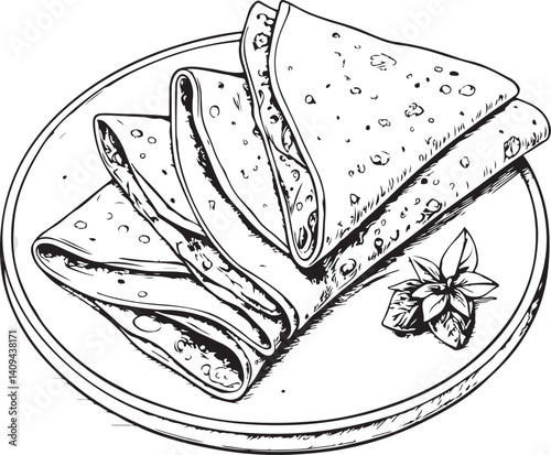 Crêpes, French Pancakes with Berries, on Plate, Black and White Vector Illustration, Sketch Drawing Line Linear Symbol Icon Engraving, Hand-drawn Isolated