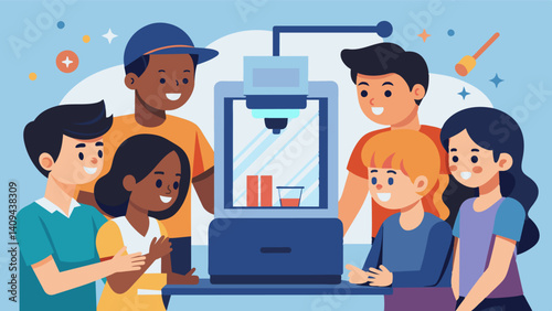 A group of students excitedly crowd around a 3D printer watching in awe as their digital design comes to life in front of their eyes.. Vector illustration