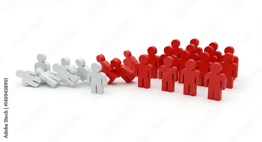 White figures falling into red figures on a white background in a domino effect illustration White figures falling into red figures on a white background in a domino effect illustration