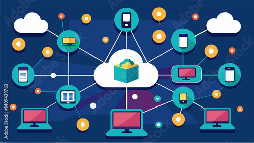A network of interconnected devices floating in a sea of binary code clouds constantly receiving and processing vast amounts of data.. Vector illustration