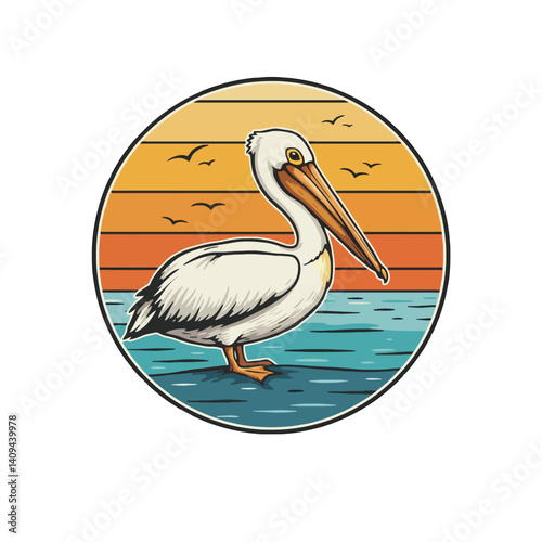Pelican in a retro style circle with sunset and water.