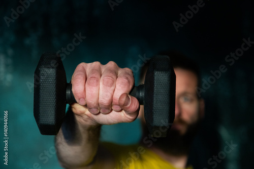man lifting weights focus on hand