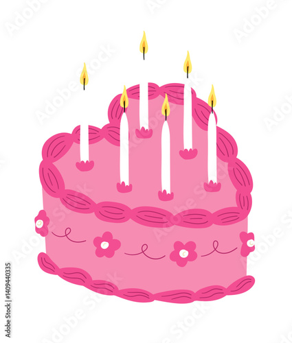 Coquette birthday cake with butter icing. Candles and cream decorations. Pink dessert.