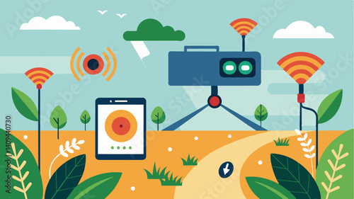 IoTenabled cameras take images of fields and through computer vision technology identify and alert farmers of potential diseases pests or weeds.. Vector illustration