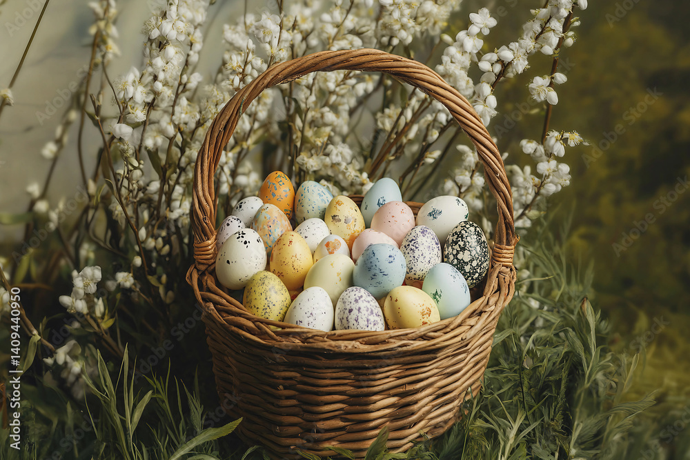 Fototapeta premium Blooming Willow Branches and Easter Painted Eggs in a Rustic Wicker Basket, Festive Spring Paschal Celebration, Generative AI